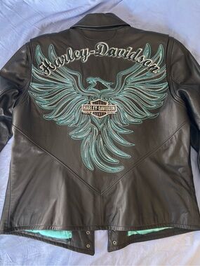 Harley-Davidson Black Leather Jacket with Teal Phoenix Embroidery